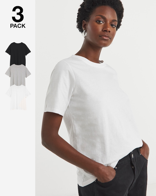 Black, White And Grey Pure Cotton Three Pack Crew Neck Short Sleeve T-Shirt