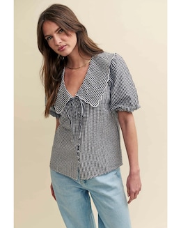 Nobody's Child Black Gingham Peter Pan Collar Short Sleeve Blouse