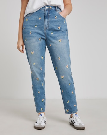 Simply Be Mid Blue Fruit Embroidered Slim Mom Jeans