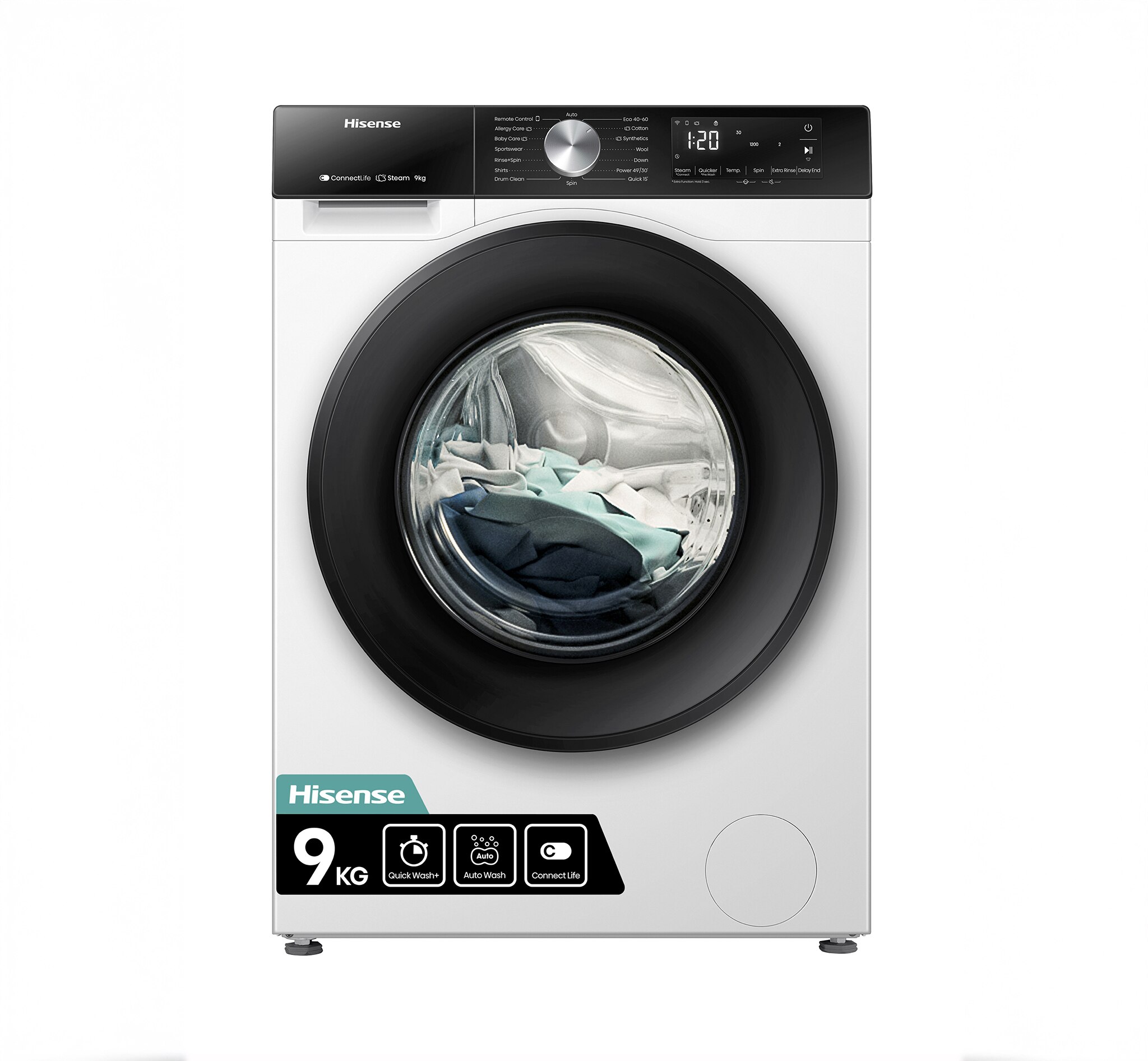 A white and black Hisense washing machine.