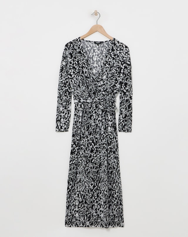 Mono Print Plisse Wrap Front Midi Dress