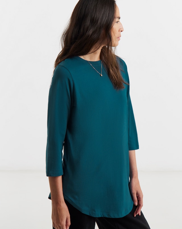 Teal Longline Curved Hem 3/4 Sleeve Top