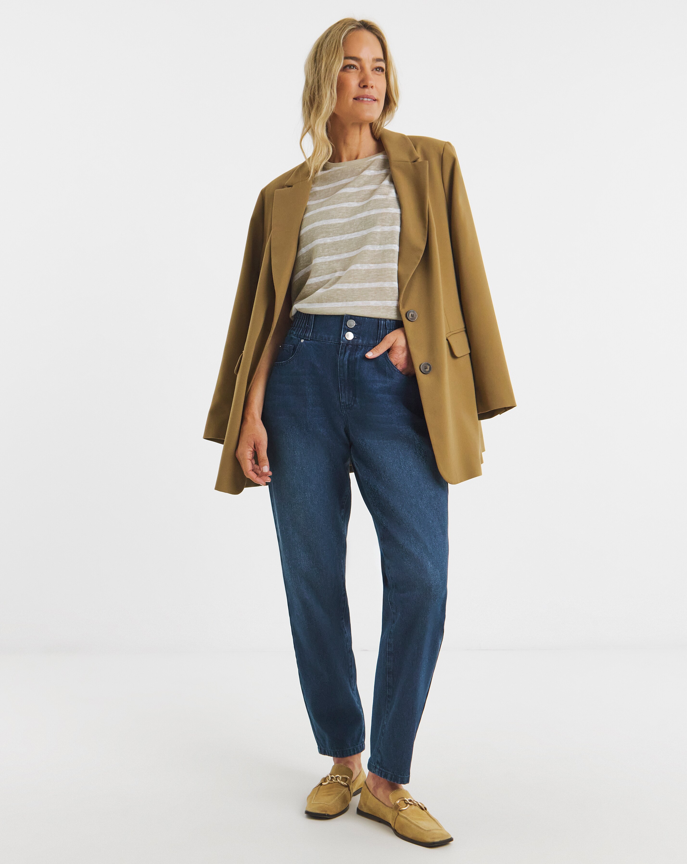 Dark Blue Elasticated Tapered Jeans