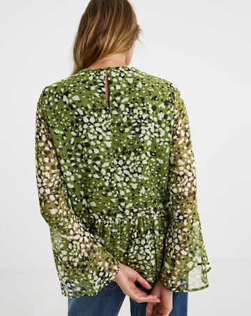 Georgette Collarless Trumpet Sleeve Peplum Blouse