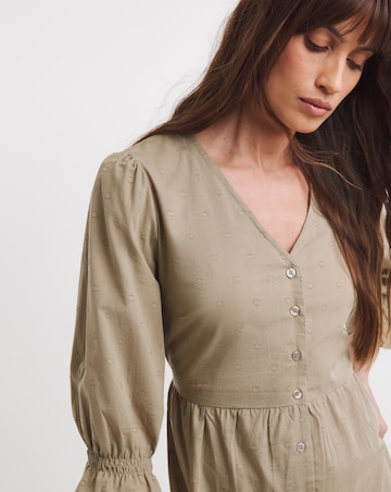 Cotton Dobby Button Through Smock Dress With Puff Sleeves