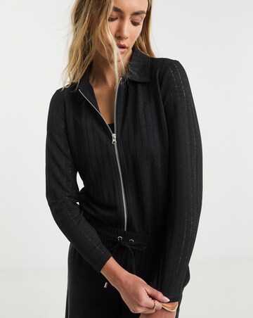 Simply Be Black Long Sleeve Textured Zip Through Top
