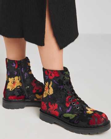 Heavenly Feet Floral Justina Lace Up Chunky Boot Wide E Fit