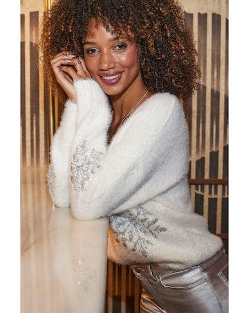 Sosandar Fluffy Sequin V Neck Jumper