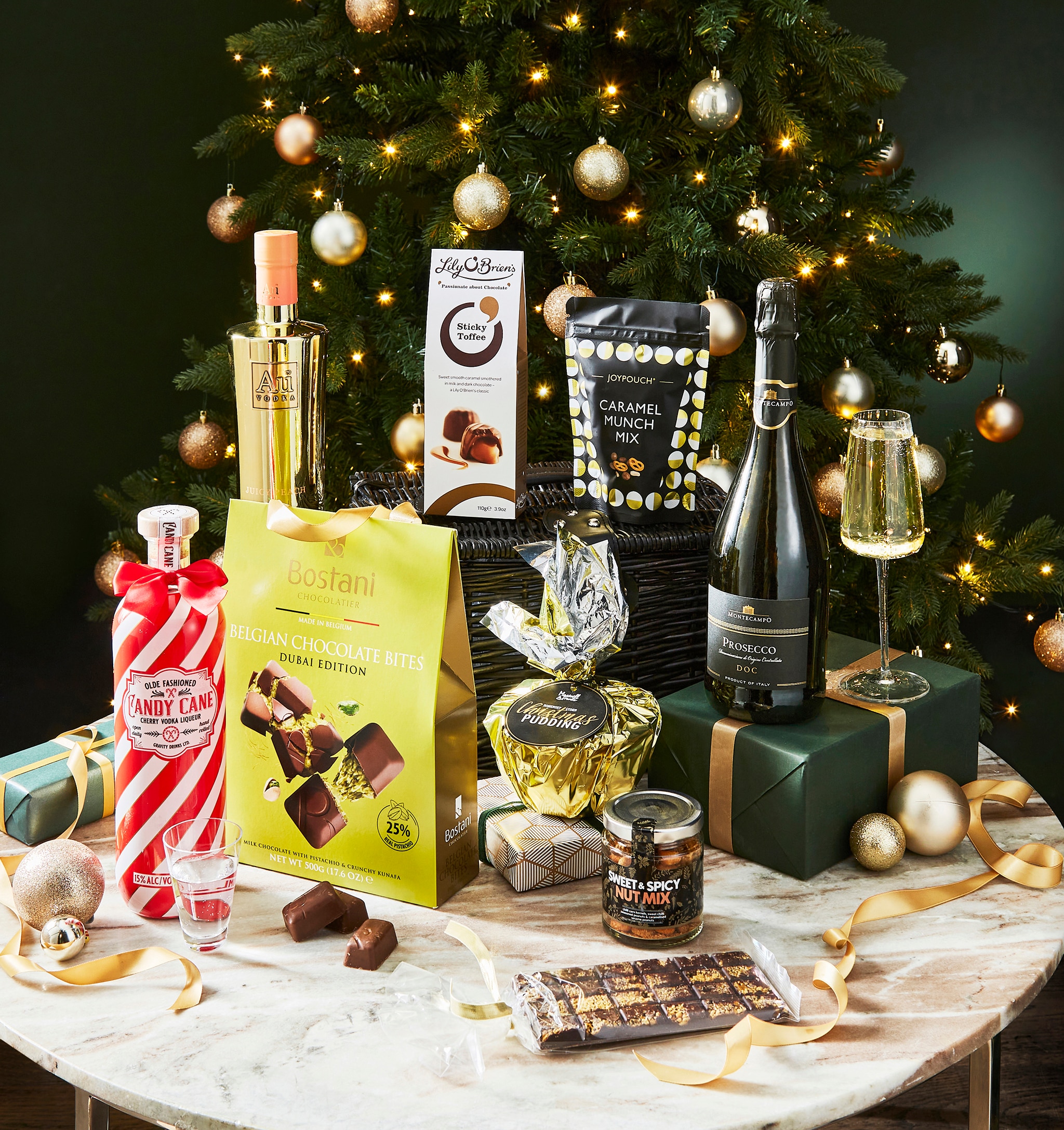 A range of Christmas gifts on a table.