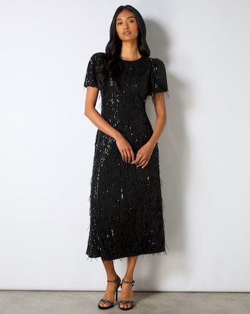 Ro&Zo Gina Black Fringe Sequin Puff Sleeve Midi Dress
