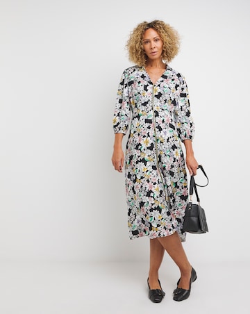 Floral Front Shirt Dress With Open Neck