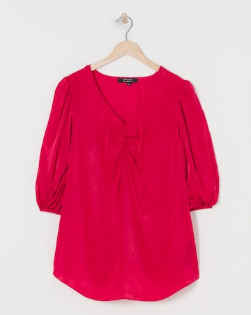 Pink Ruched Front Balloon Sleeve Satin Top