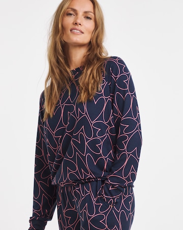 Pretty Secrets Soft Knit Crew Neck Heart Print Pyjama Set Navy