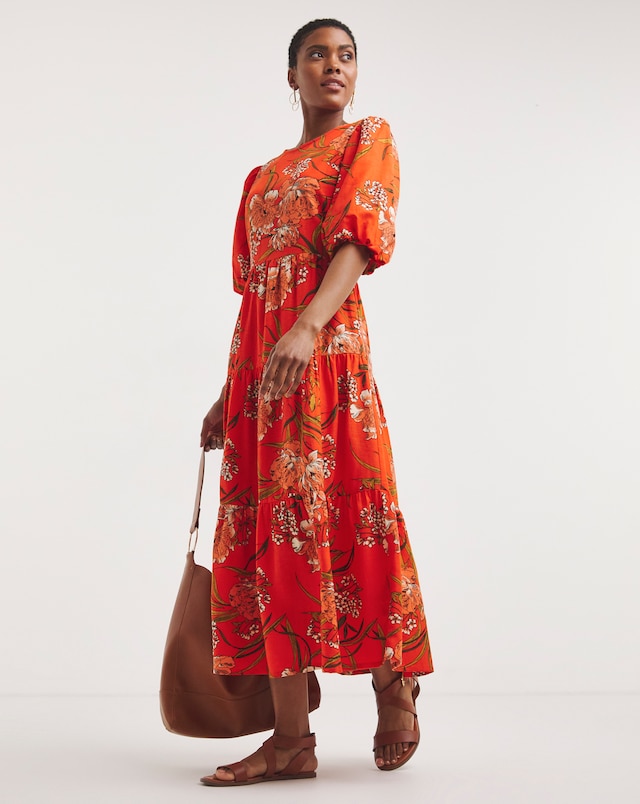 Linen Mix Smock Dress With Puff Sleeves and Open Back