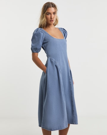 Simply Be Mid Blue Denim Puff Sleeve Dress