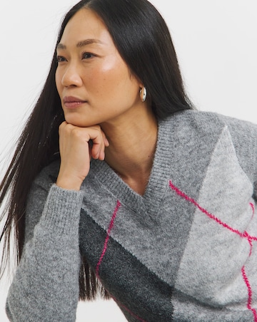 Grey V Neck Argyle Jumper