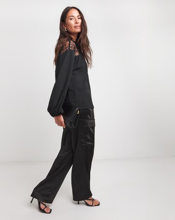 Womens Lace Insert Long Sleeve Blouse - Black