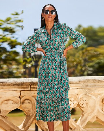 Sosandar Green Chain Print Jersey Ruffle Hem Midi Shirt Dress