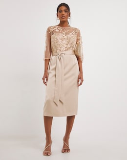 Joanna Hope Latte 3D Lace Scallop Sleeve Satin Midi Dress