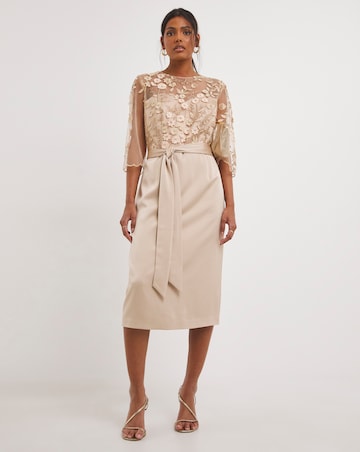Joanna Hope Latte 3D Lace Scallop Sleeve Satin Midi Dress