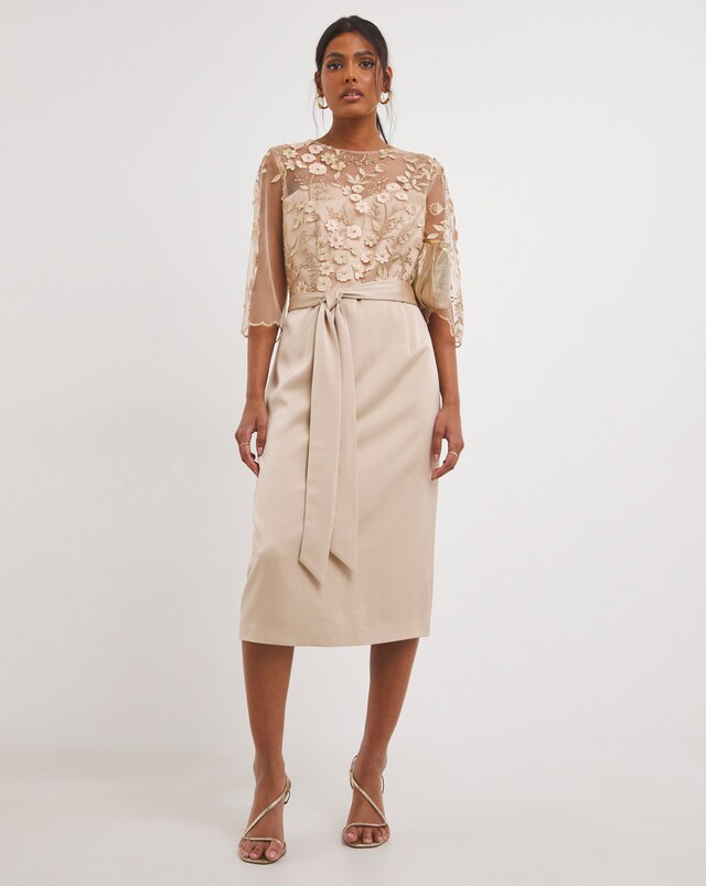 Joanna Hope Latte 3D Lace Scallop Sleeve Satin Midi Dress