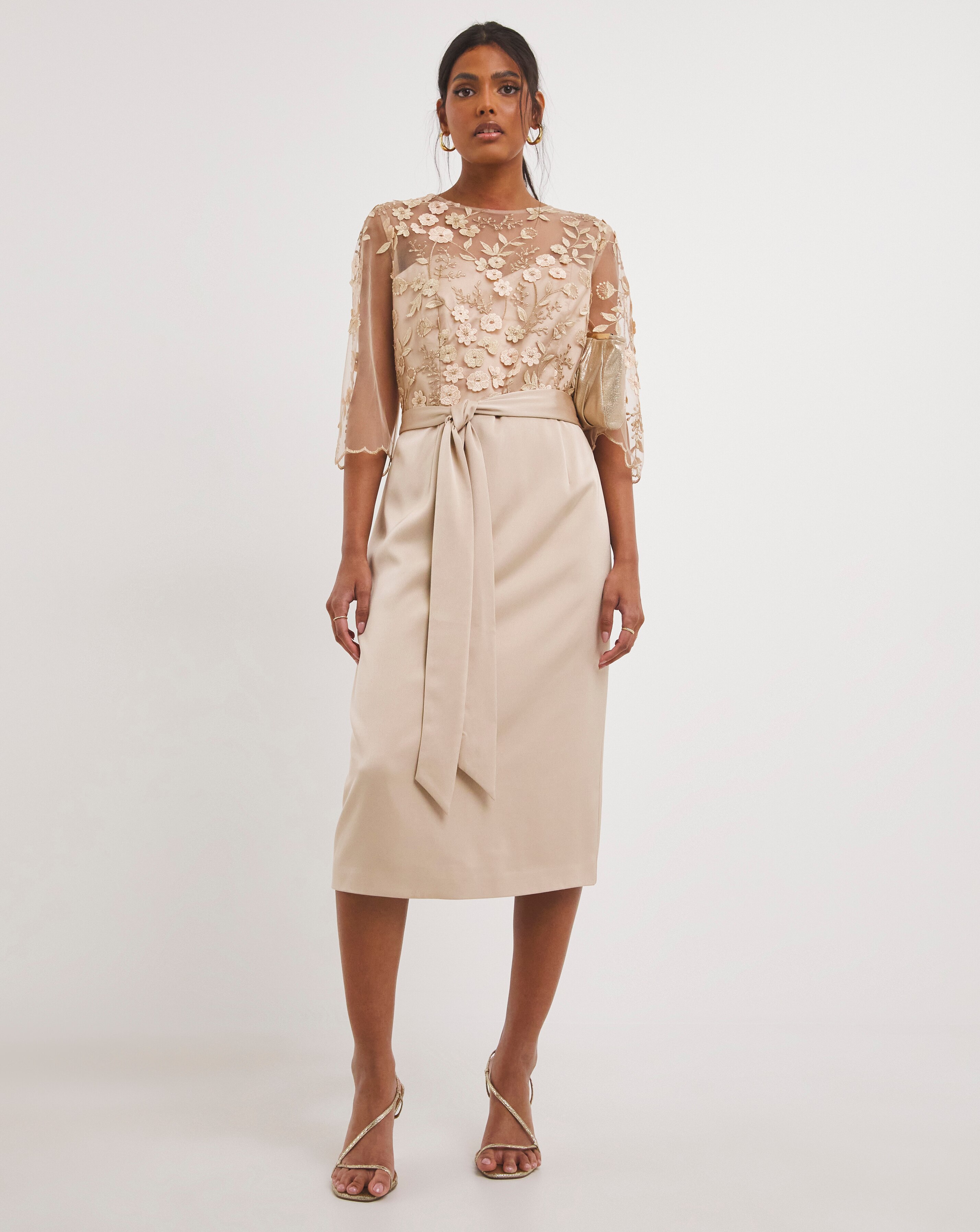 Joanna Hope Latte 3D Lace Scallop Sleeve Satin Midi Dress