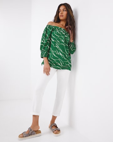 Green Print Three Quarter Sleeve Bardot Top