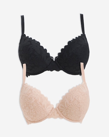 Pretty Secrets (2 Pack) Daisy Lace Plunge Wired Bras (B-F) Black/Almond