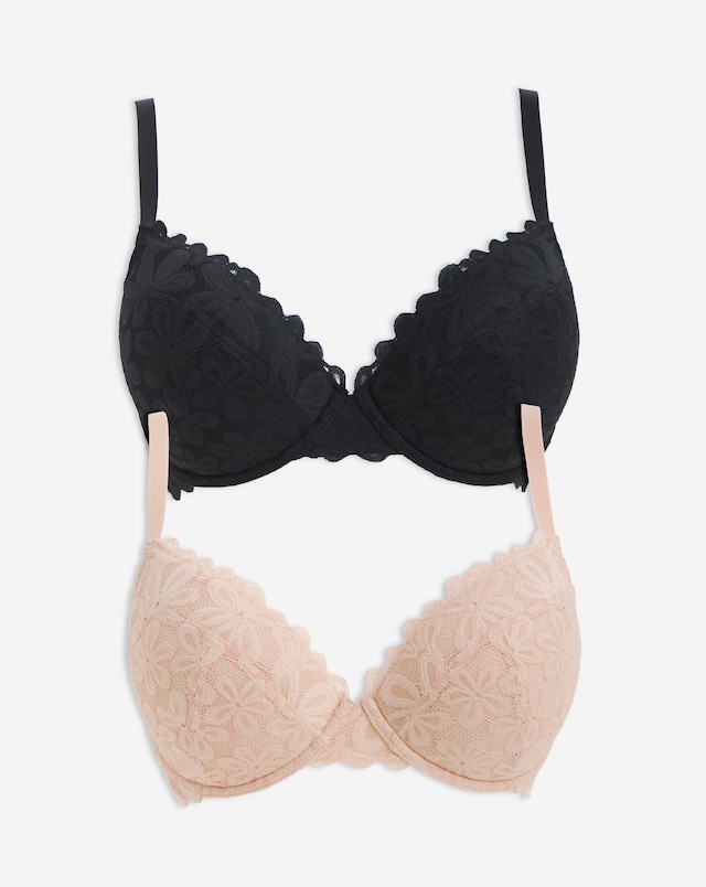 Pretty Secrets (2 Pack) Daisy Lace Plunge Wired Bras (B-F) Black/Almond