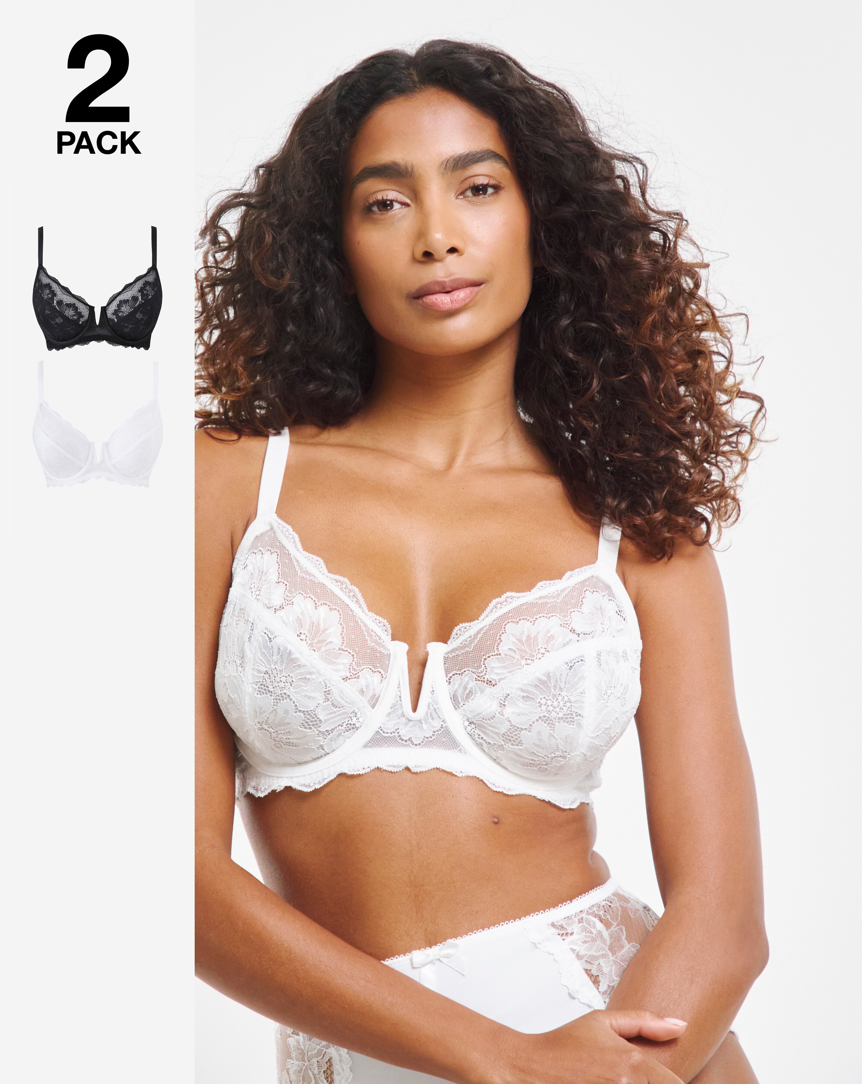 Pretty Secrets (2 Pack) Katie Lace Full Cup Wired Bras (B-G) Black/White