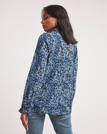 Blue Print Sheer Shirred Yoke Blouse With Shirred Cuffs