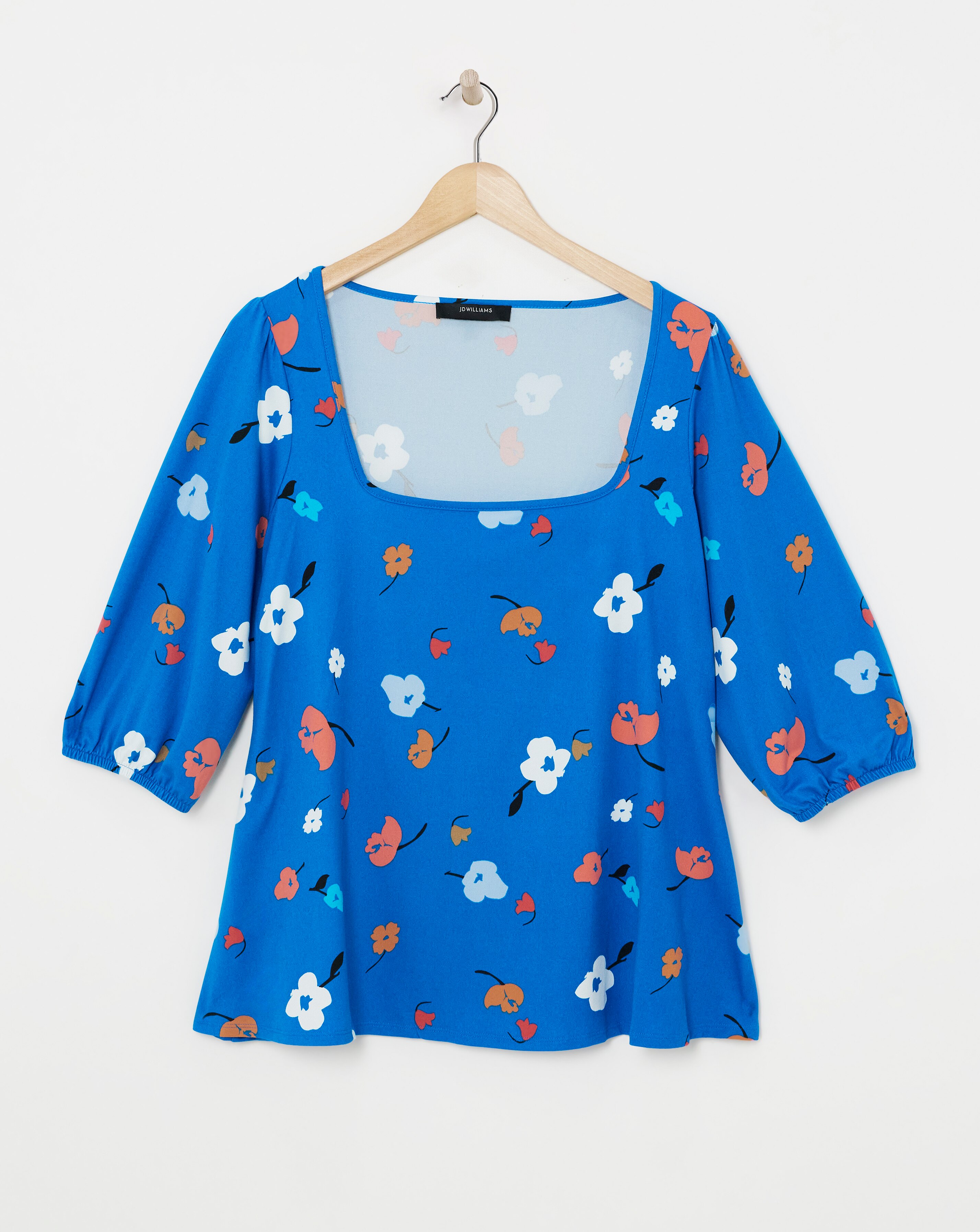 Blue Floral Square Neck Volume Three Quarter Sleeve Top