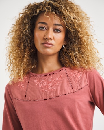 Rosewood Short Sleeve Embroidered Insert Ladder Trim Cotton Top