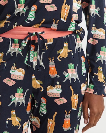 Chelsea Peers Jersey Crew Neck Christmas Cat Print Pyjama Set