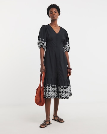 Broderie Button Through Tea Dress With Shirred Back Dress