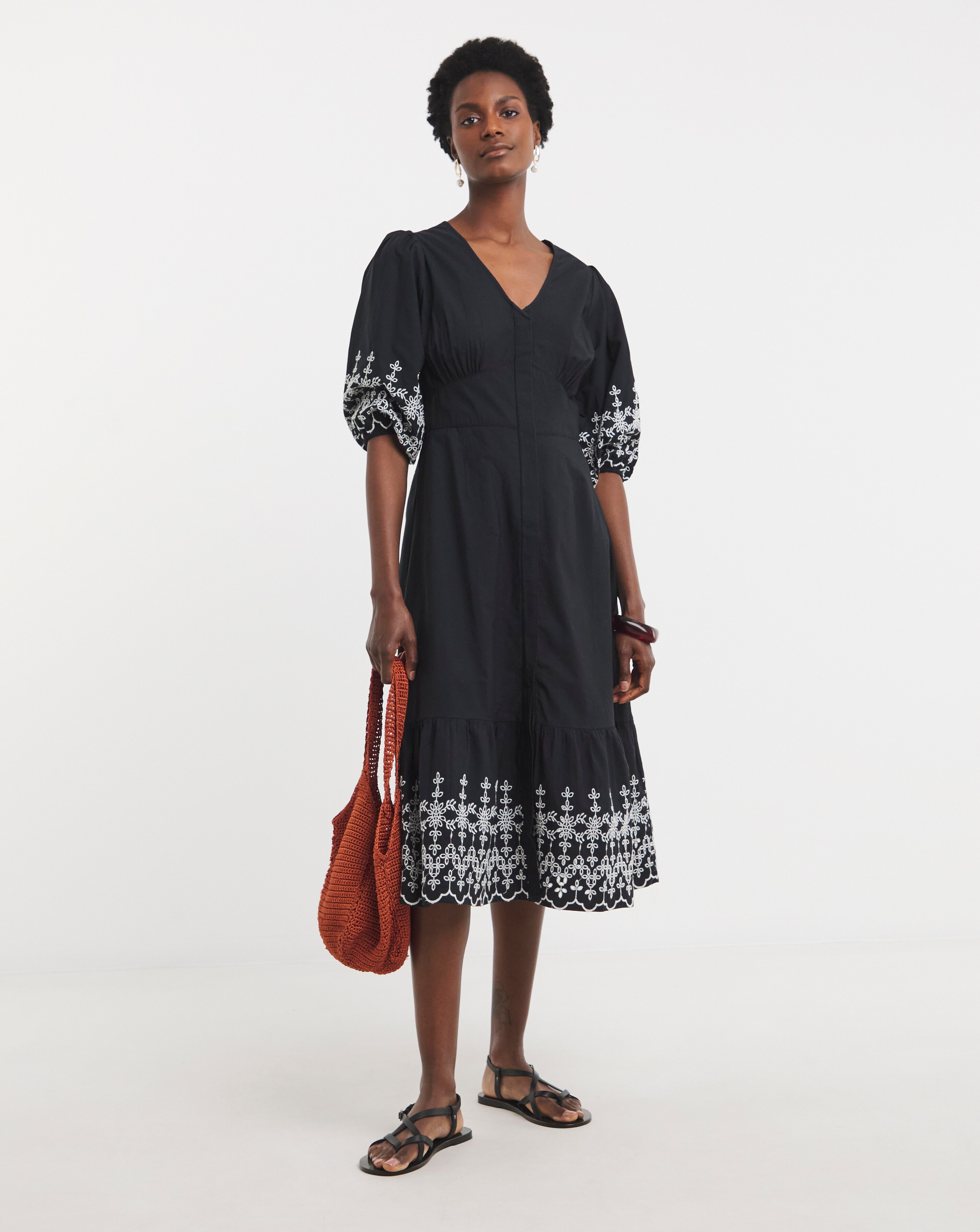 Broderie Button Through Tea Dress With Shirred Back Dress