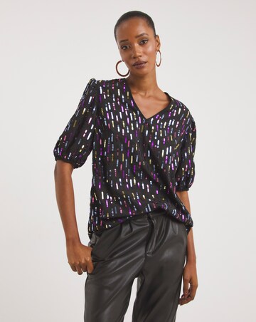Puff Sleeve V Neck Sequin Top