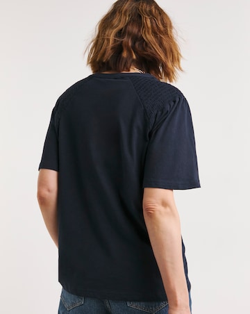 Navy Shirred V Neck Angel Sleeve Top