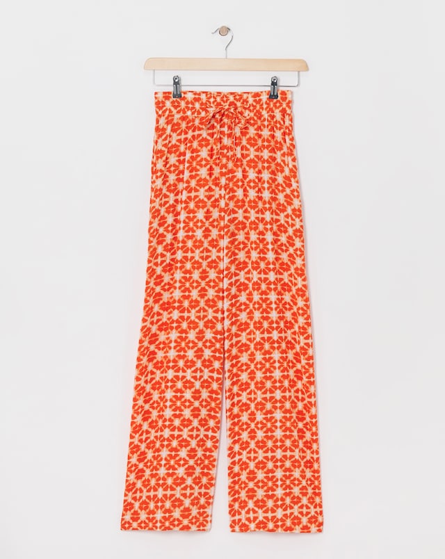 Terracotta Print Crinkle Shirred Waist Wide Leg Trousers