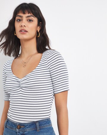 Short Sleeve Ruching Detail Striped Bodysuit