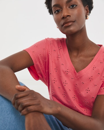 Pure Cotton Pink V-Neck Broderie Short Sleeve T-Shirt