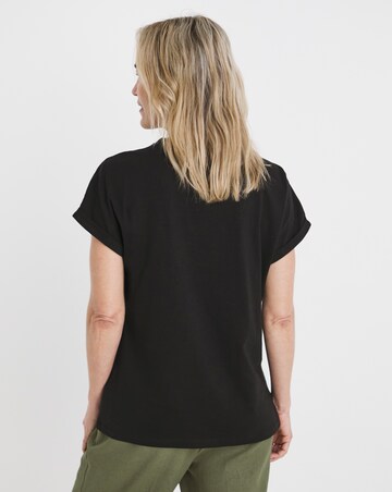 Black Crew Neck Embroidered Shoulder T-Shirt