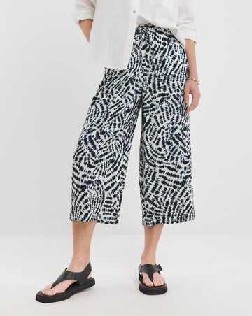 Navy Print Linen Mix Cropped Wide Leg Culottes