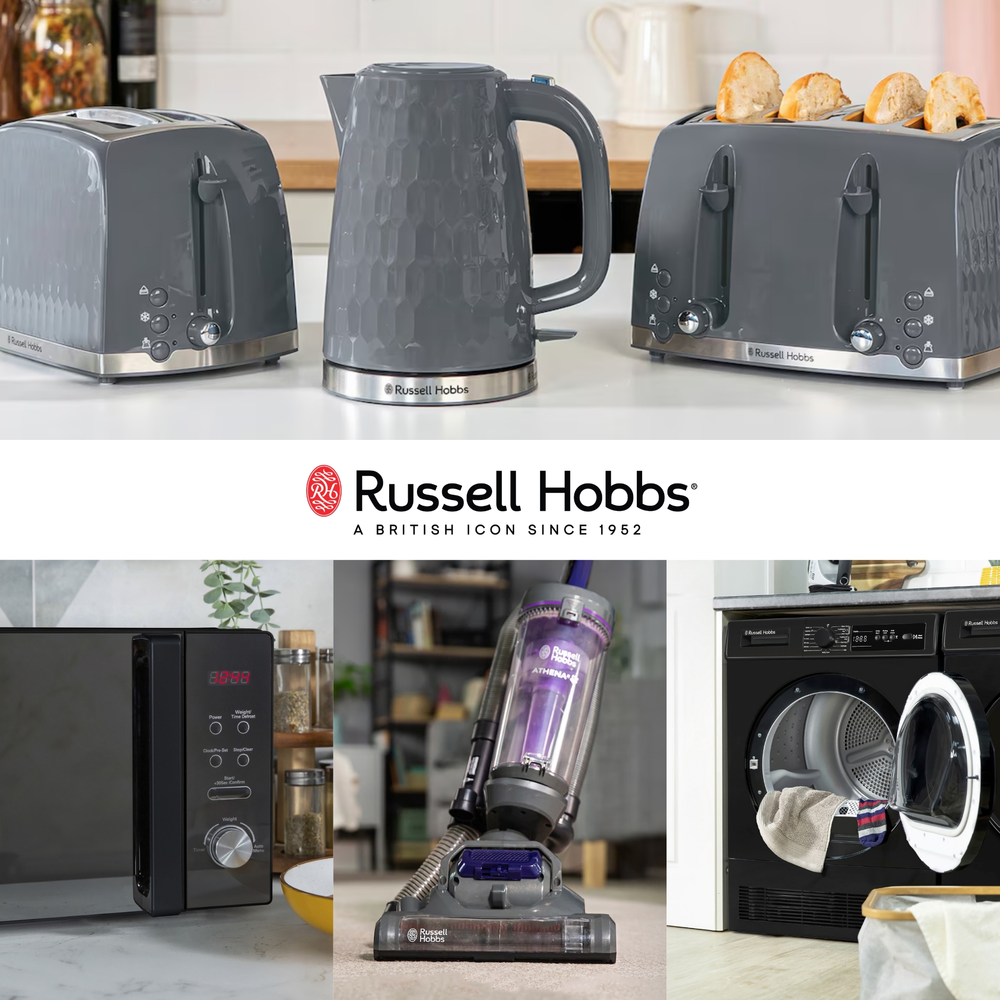 Russell Hobbs appliances, kettle, toaster, microwave, vaccum, washing machine and airfryers