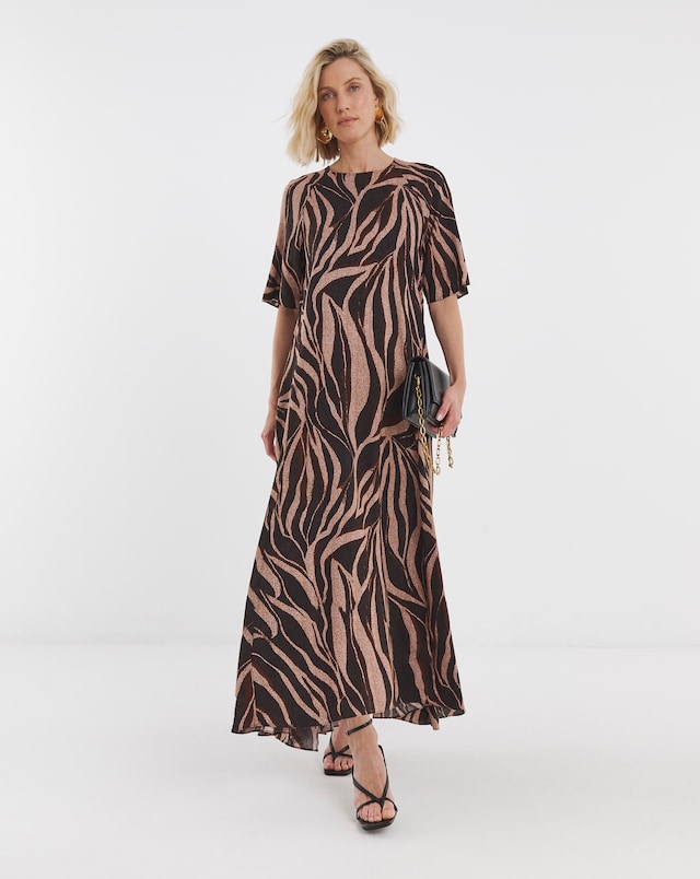 Short Sleeve Care Free Maxi Dress - Brown Print