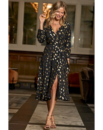 Sosandar Black Gold Foil Print Fit and Flare Midi Dress