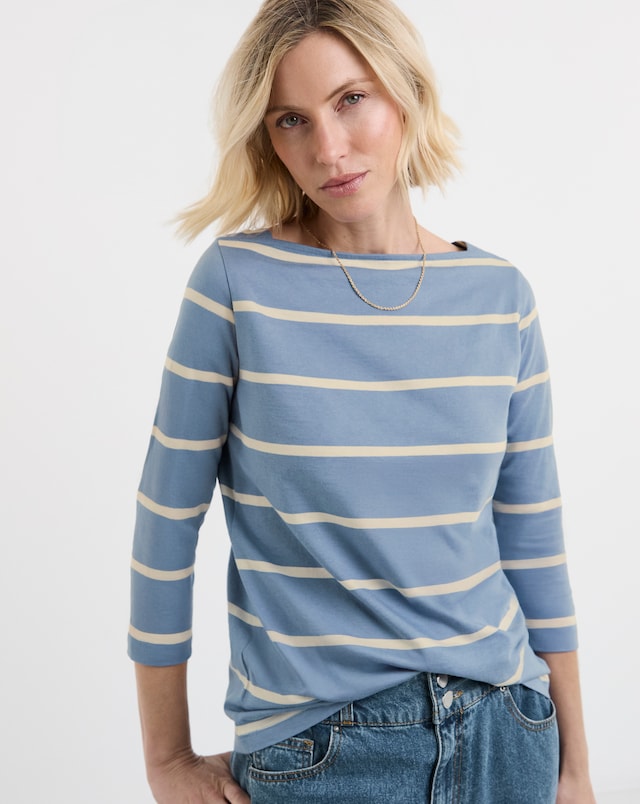 Blue And Yellow Slash Neck Long Sleeve Top