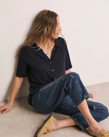 Anthology Collared Short Sleeve Button Front Linen Top