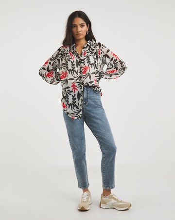 Black Print Sheer Shirred Detail Shirt With Cami