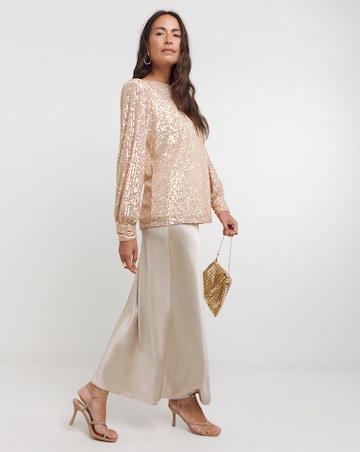 Champagne Sequin Slash Neck Volume Sleeve Top